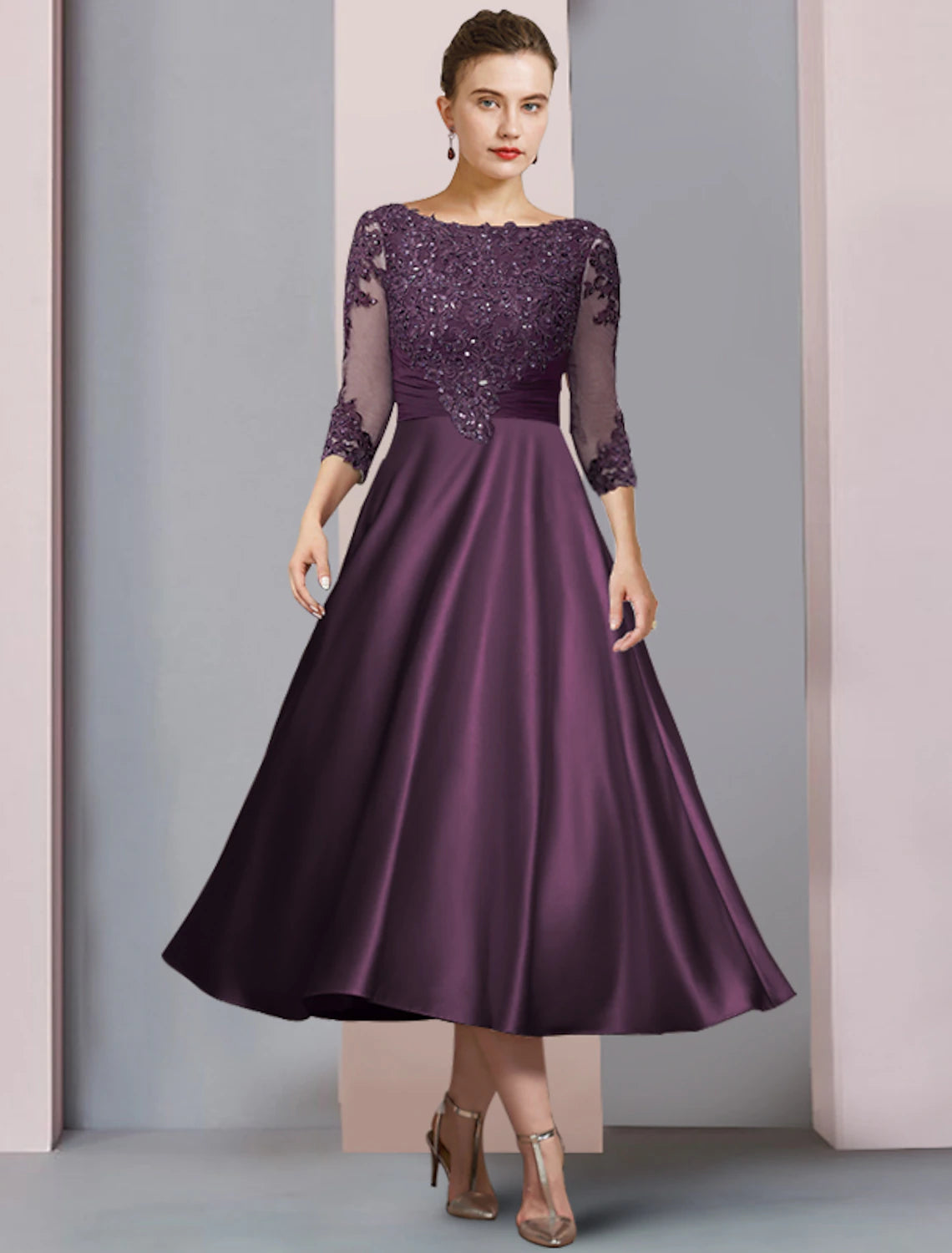 Wholesale  A-Line Mother of the Bride Dress Wedding Guest Elegant Scoop Neck Tea Length Satin Lace Half Sleeve with Sequin Appliques